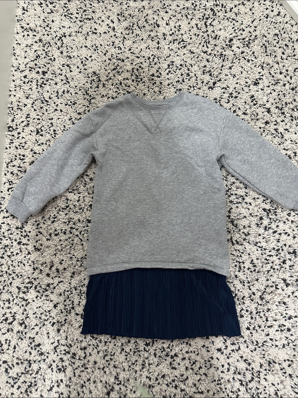 Girls' Gray Sweatshirt Dress with Navy Pleated Hem